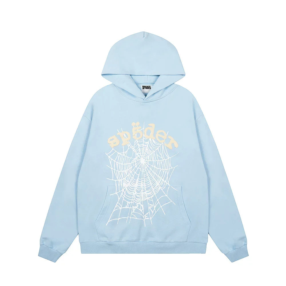Sp5der Light Blue Pullover Hoodie with Tonal Web Print