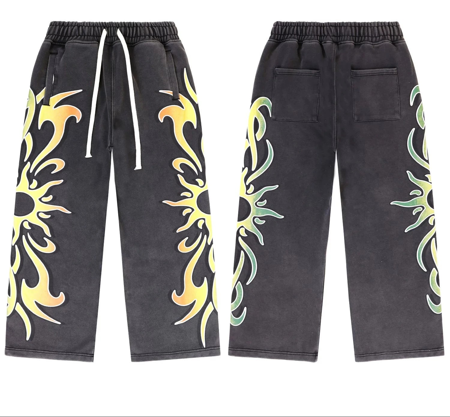 Valleydream Black Washed Tribal Sun Print Wide Leg Sweatpants