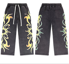 Valleydream Black Washed Tribal Sun Print Wide Leg Sweatpants