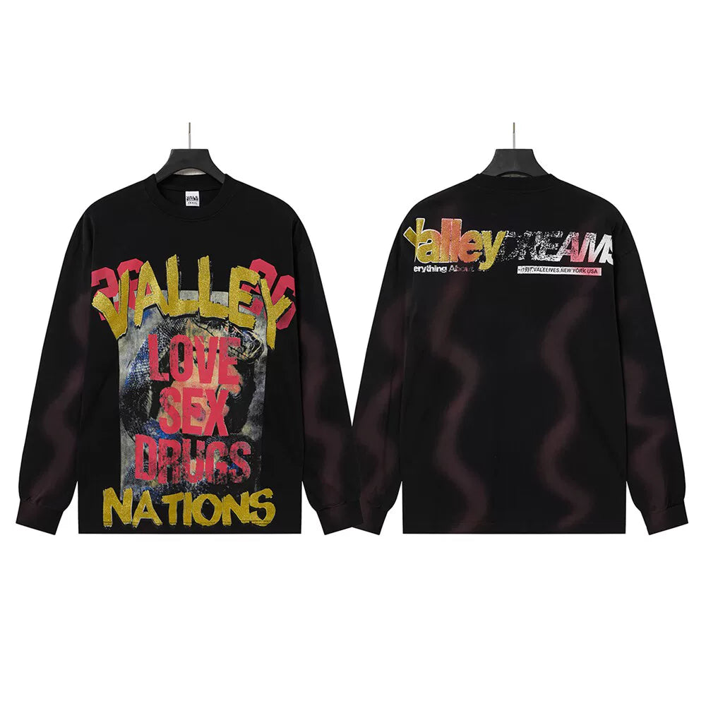 VALLEYDREAM Black Colorful Lettering Vintage Long Sleeve Tee