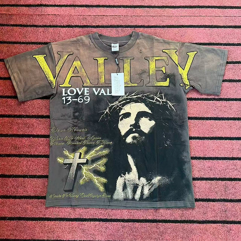 Valleydream Brown Washed Religious Portrait Cross Vintage T-Shirt