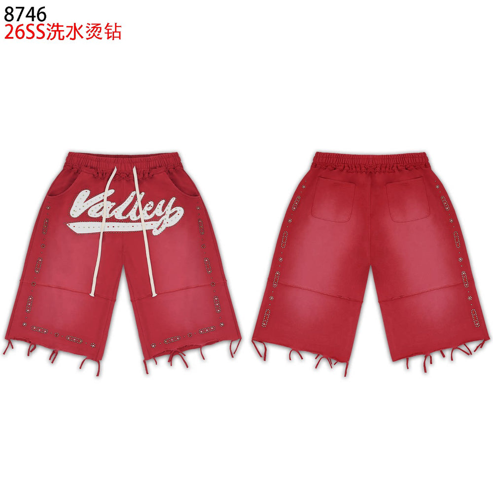 VALEFOREVER Red Washed Rhinestone Shorts with Script Logo & Fringe Hem