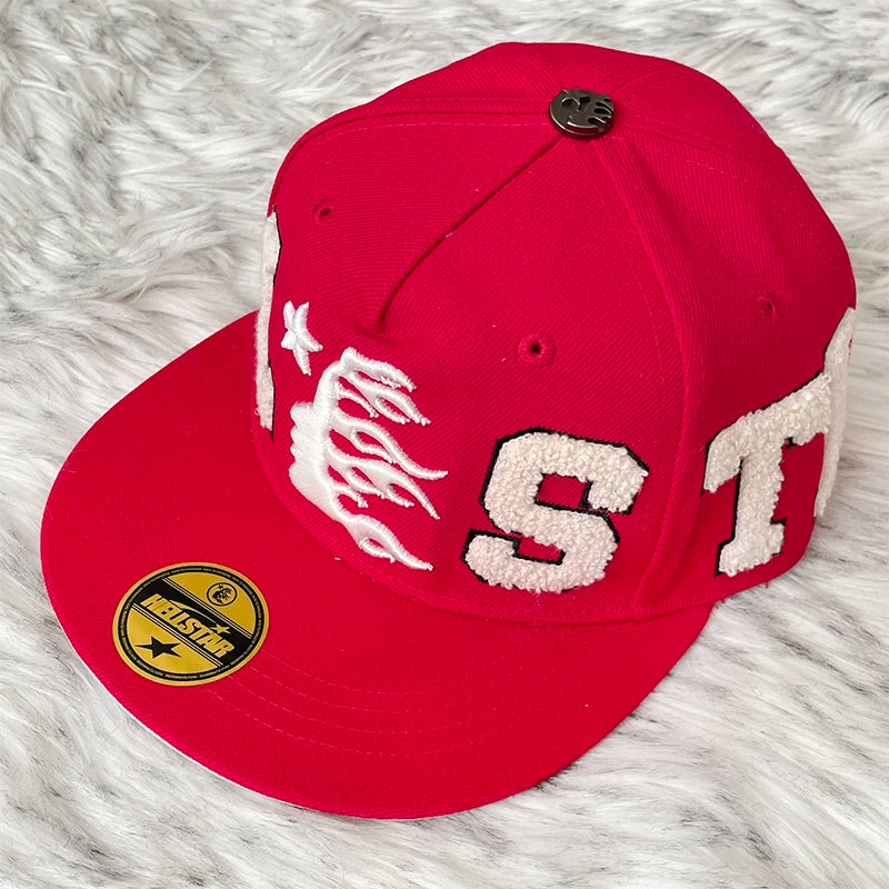 Hellstar Red Chenille Letter Flame Flat Brim Cap