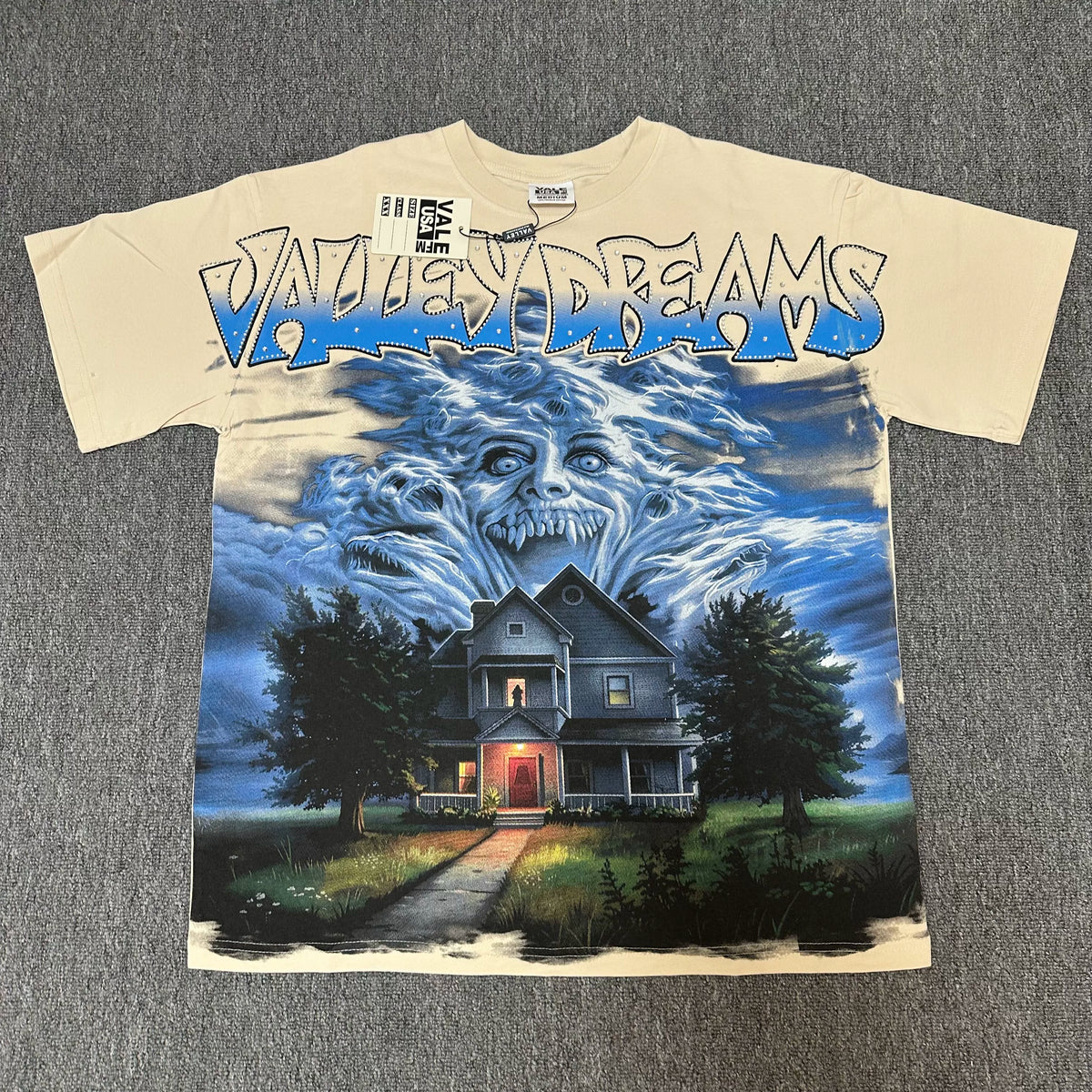 VALEFOREVER Cream Haunted House Ghost Vintage Horror Graphic Short Sleeve T-Shirt