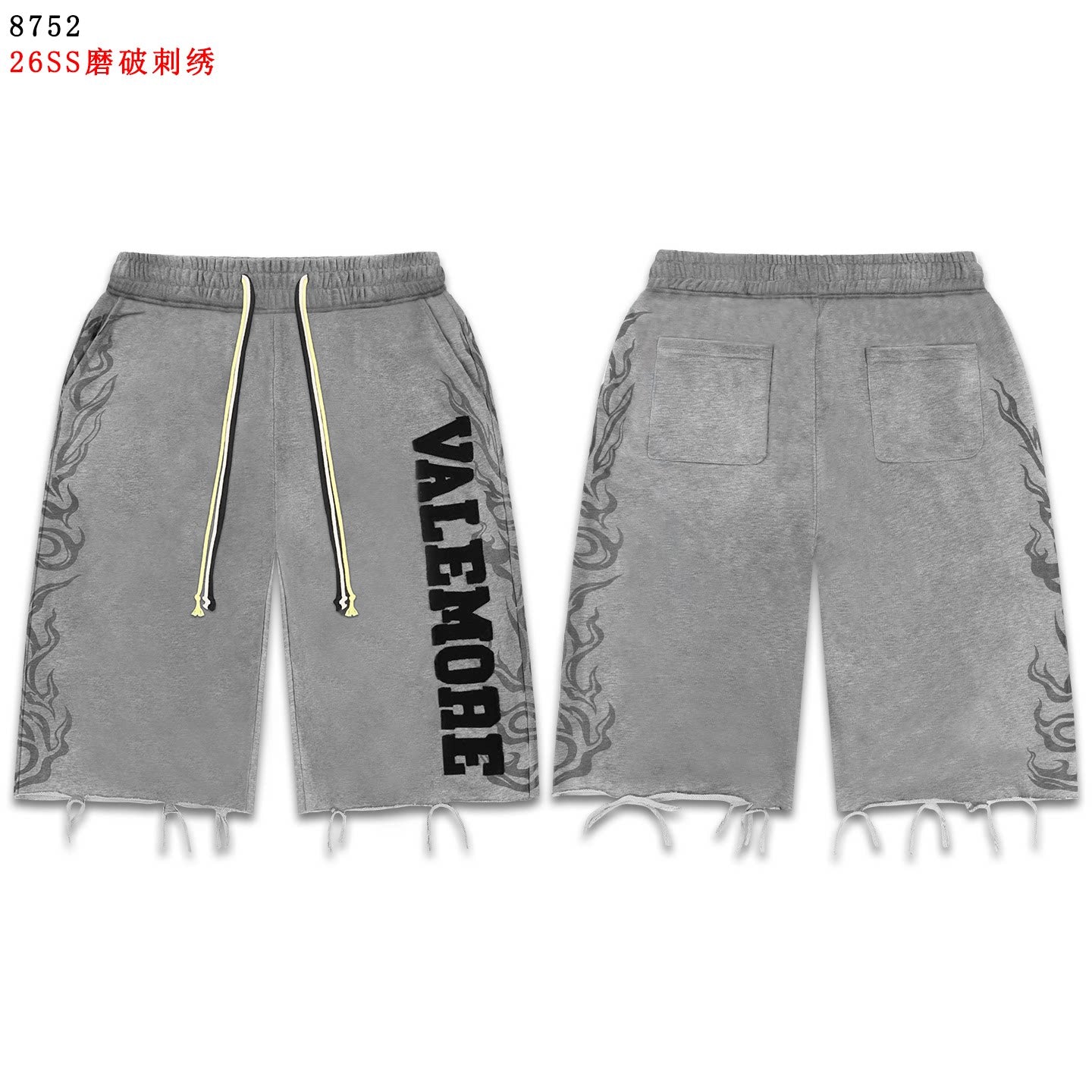 VALEFOREVER Grey Washed Denim Shorts with Black Script Print