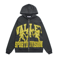 Valley Sport Division Graphic Zip‑Up Hoodie, Unisex Black Vintage Streetwear Jacket