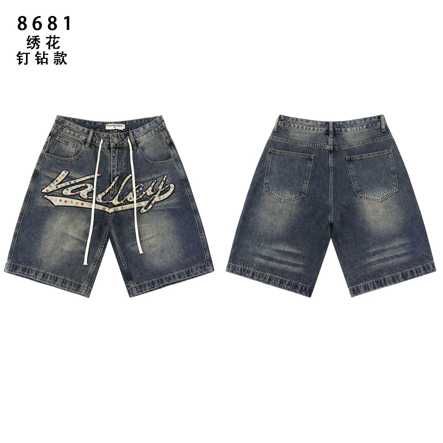 VALEFOREVER Vintage Blue Wash Denim Shorts Graffiti Rhinestone Letter Logo