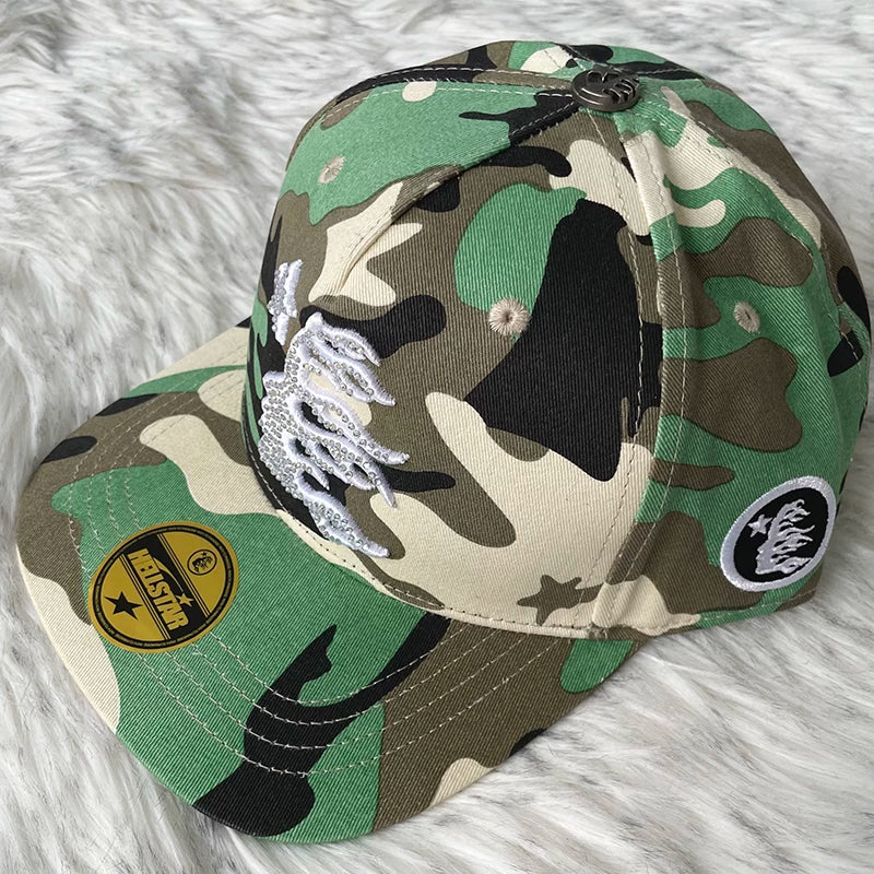 Hellstar Camo Silver Rhinestone Flame Flat Brim Cap