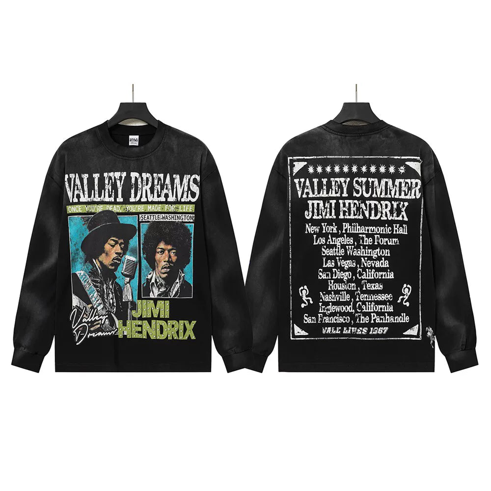 VALLEYDREAM Black Jimi Hendrix Retro Concert Poster Long Sleeve Tee