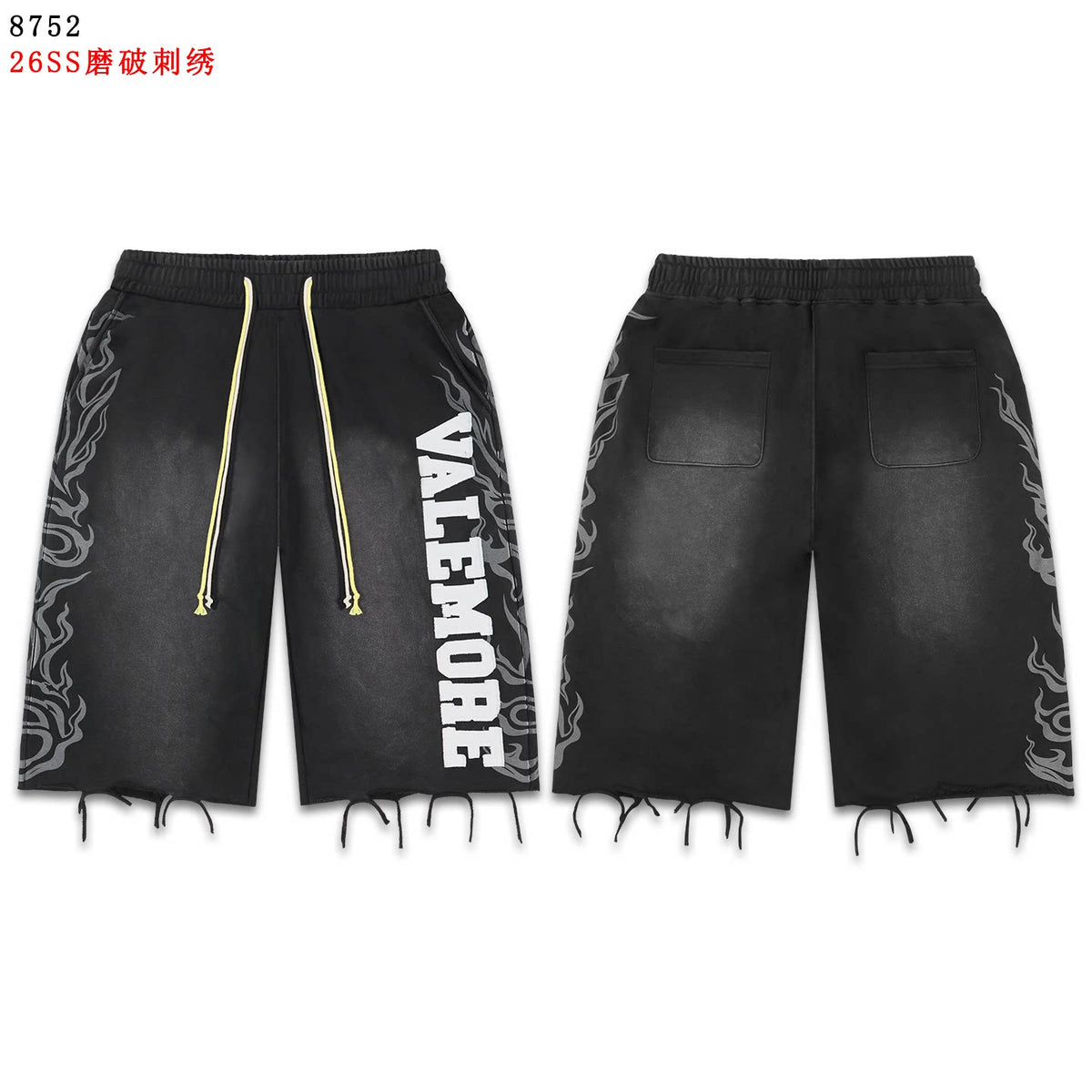 VALEFOREVER Black Washed Denim Shorts with White Graphic Print