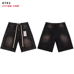 VALEFOREVER Black Sanded Denim Shorts Full Rhinestone Studded