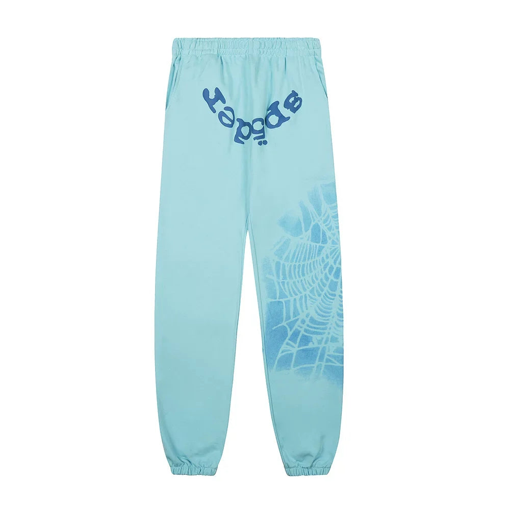 Sp5der Light Blue Sweatpants with Arched Back Logo and Front Web Detail