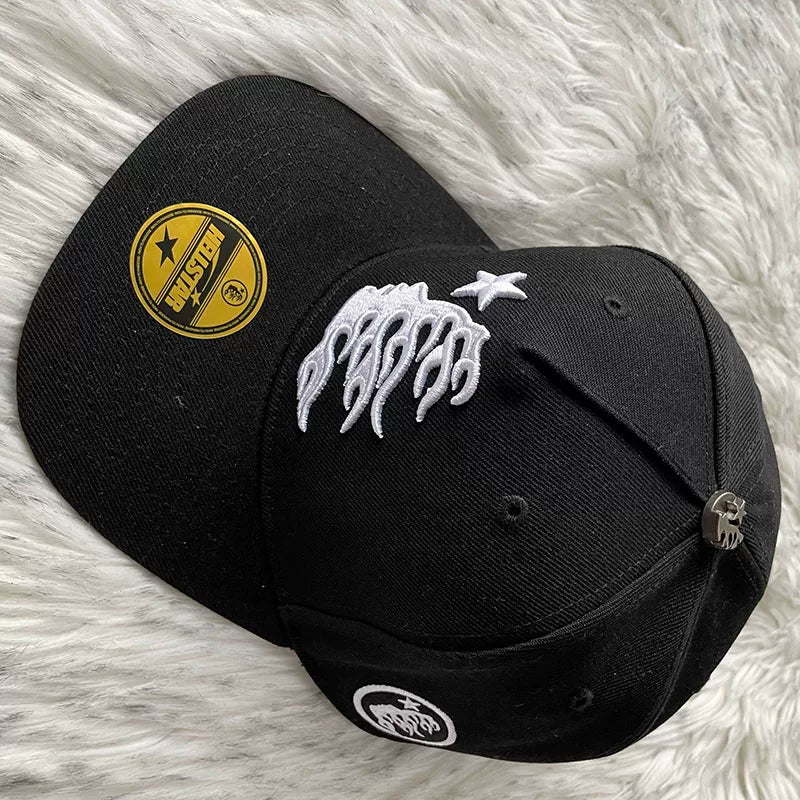 Hellstar Solid Black Flame Star Flat Brim Cap