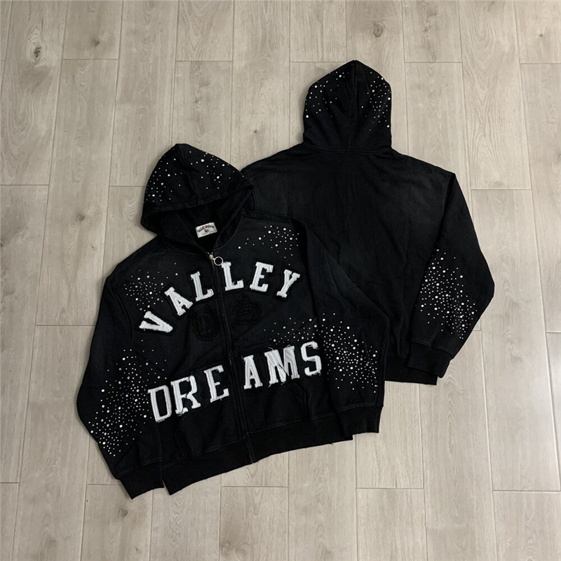 VALEFOREVER Black Valley Dreams Rhinestone Zip Up Hoodie