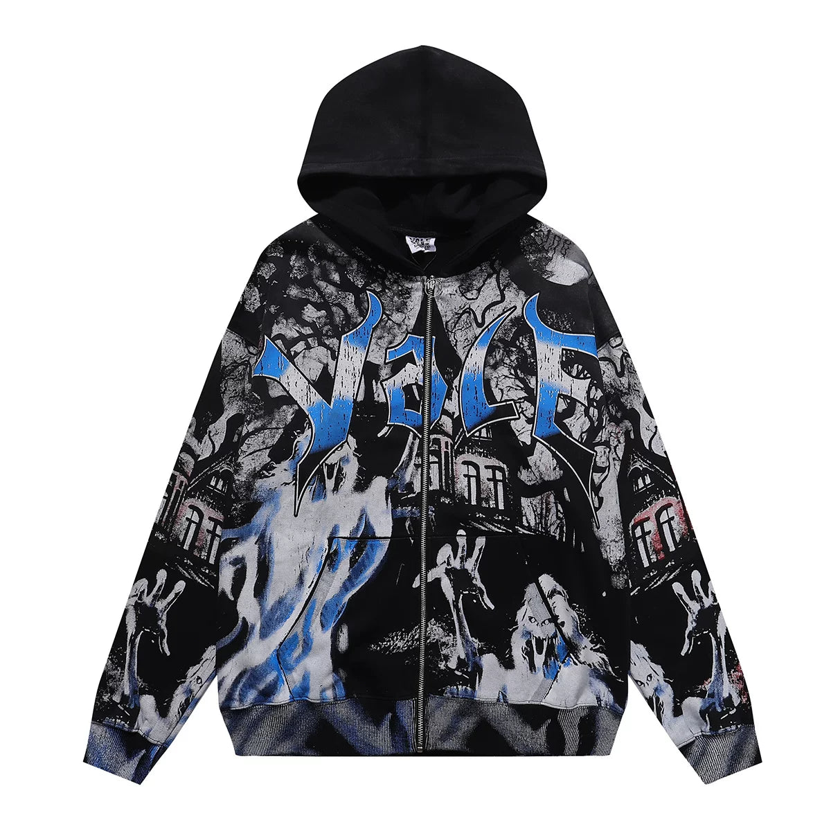 VALEFOREVER Black Blue Flame City Collage Zip Hoodie