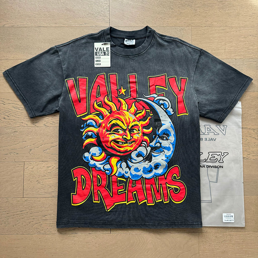 VALEFOREVER Black Washed Sun Moon Valley Dreams Retro Graphic Short Sleeve T-Shirt