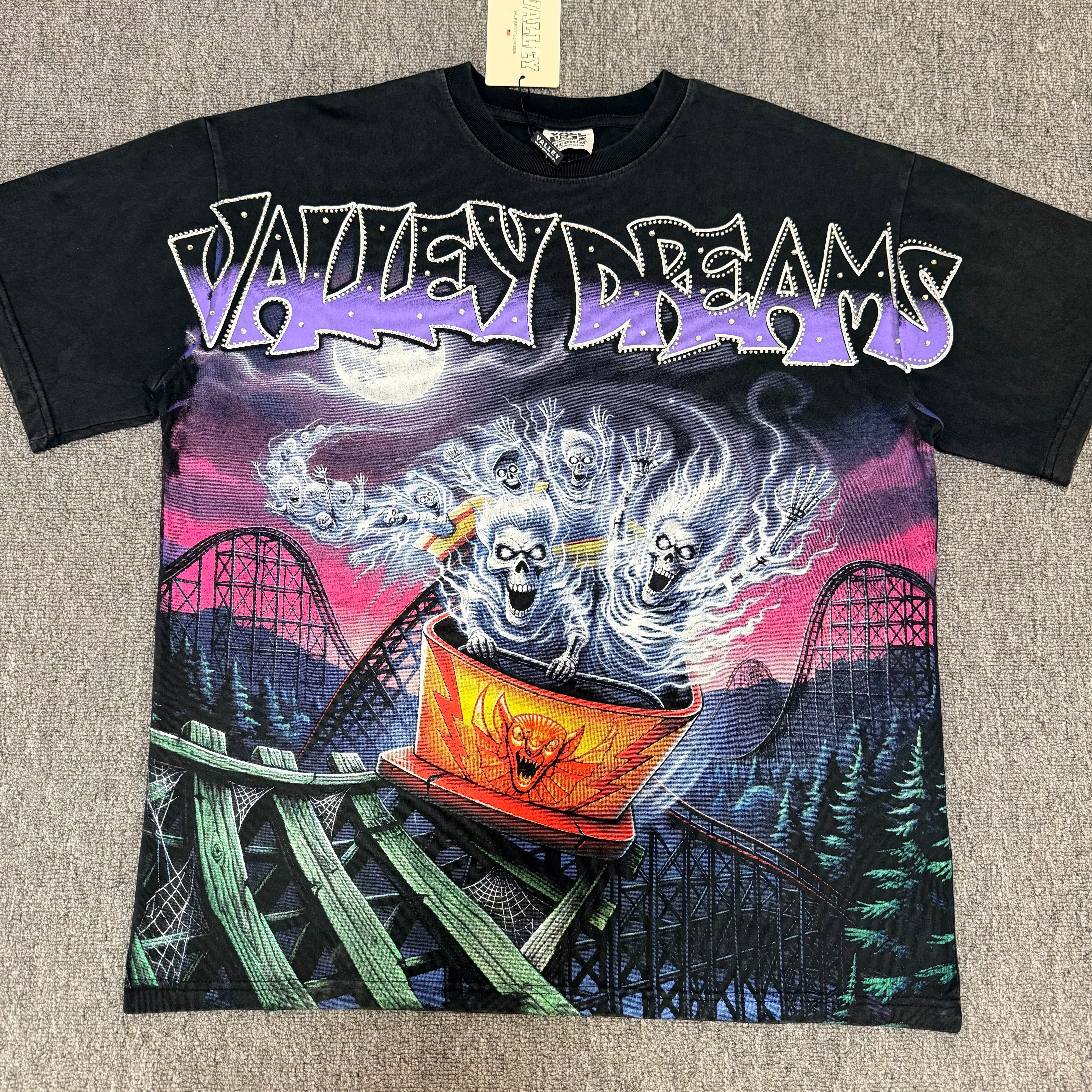 VALEFOREVER Black Roller Coaster Skeleton Ghost Graphic Short Sleeve Tee
