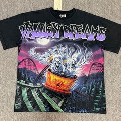 VALEFOREVER Black Roller Coaster Skeleton Ghost Graphic Short Sleeve Tee