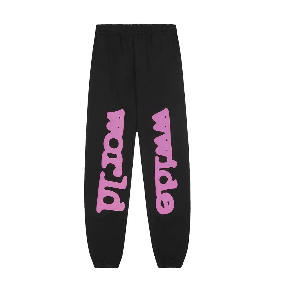 Sp5der Black Sweatpants with Vertical Pink "World" Typography