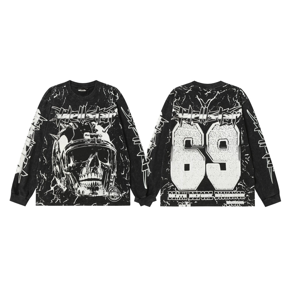 Hellstar Black Cracked Skull 69 Long Sleeve Top