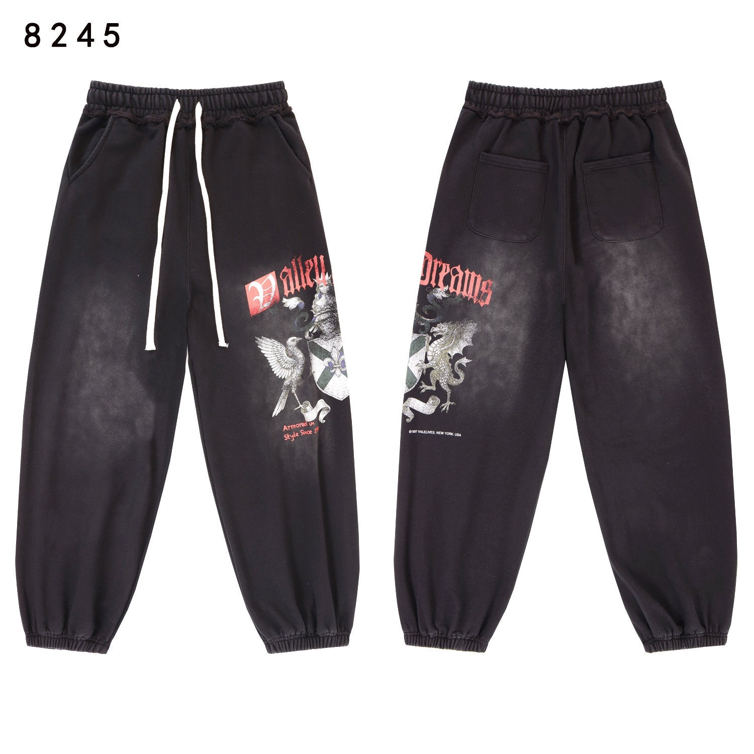 VALLEY Vintage Knight‑Dragon Graphic Jogger Sweatpants, Washed‑Black Unisex Streetwear Trousers
