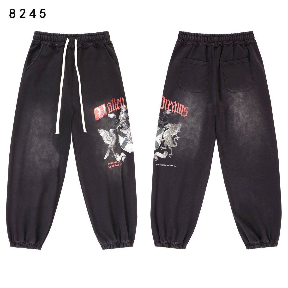 VALLEY Vintage Knight‑Dragon Graphic Jogger Sweatpants, Washed‑Black Unisex Streetwear Trousers