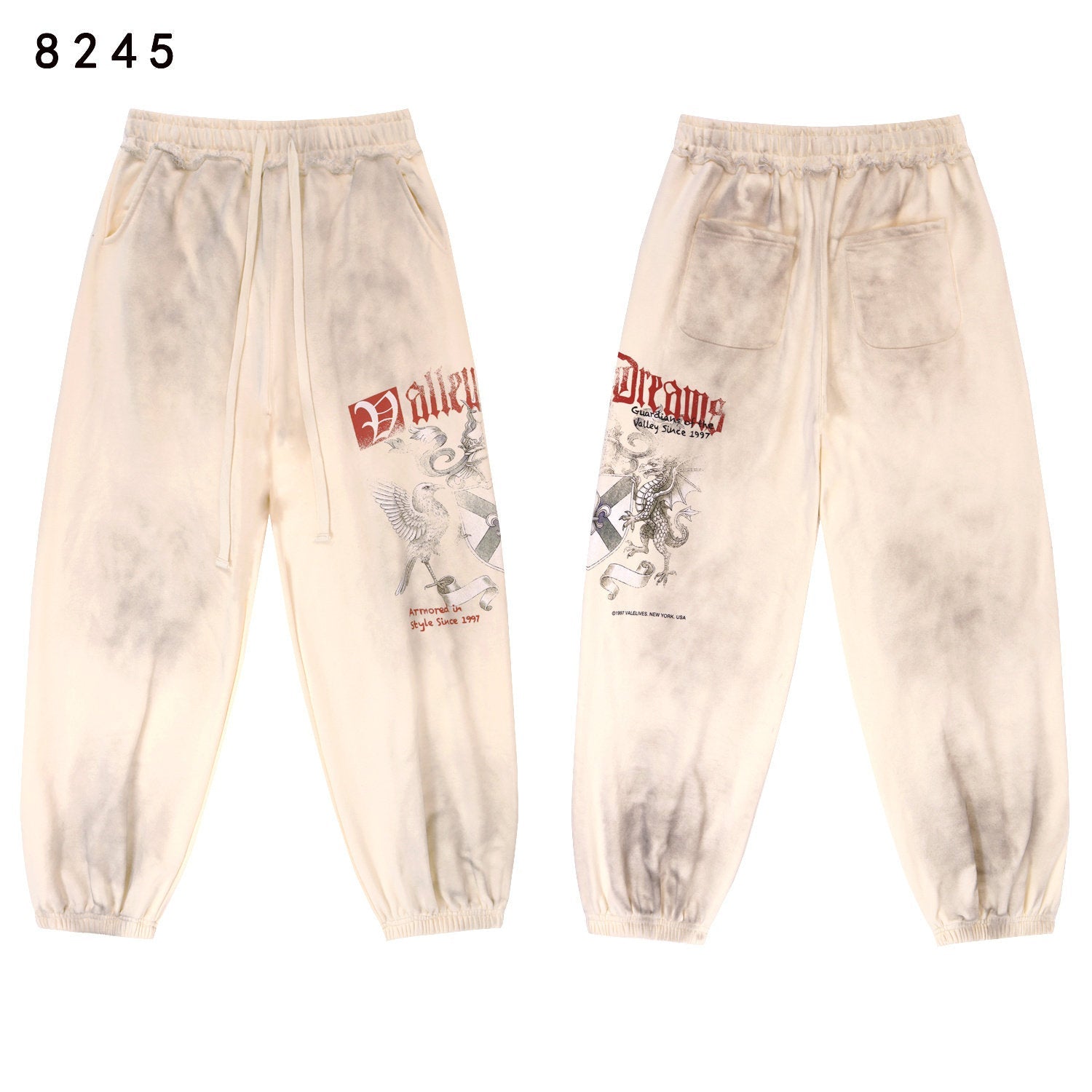 VALLEY Vintage Knight‑Dragon Graphic Jogger Sweatpants, Washed‑Off‑White Unisex Streetwear Trousers