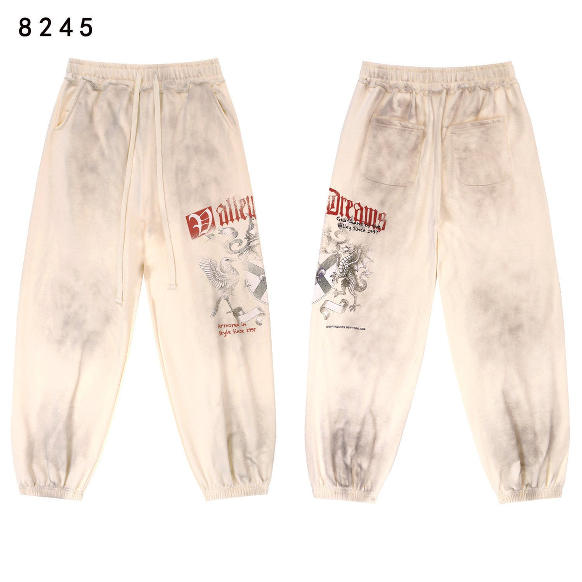 VALLEY Vintage Knight‑Dragon Graphic Jogger Sweatpants, Washed‑Off‑White Unisex Streetwear Trousers