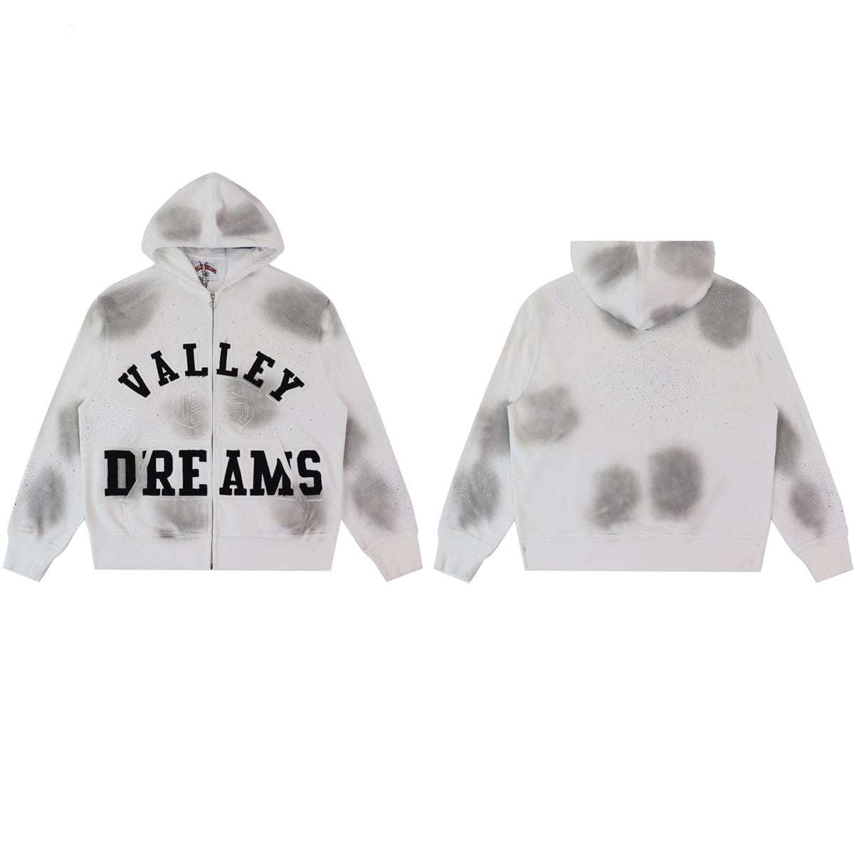VALLEY White‑Grey Spot‑Wash Valley Dreams Zip‑Up Hoodie Unisex Oversized Jacket