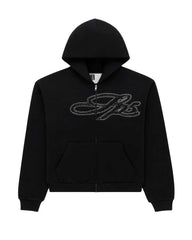 Sp5der Rhinestone Script Zip Up Hoodie Black